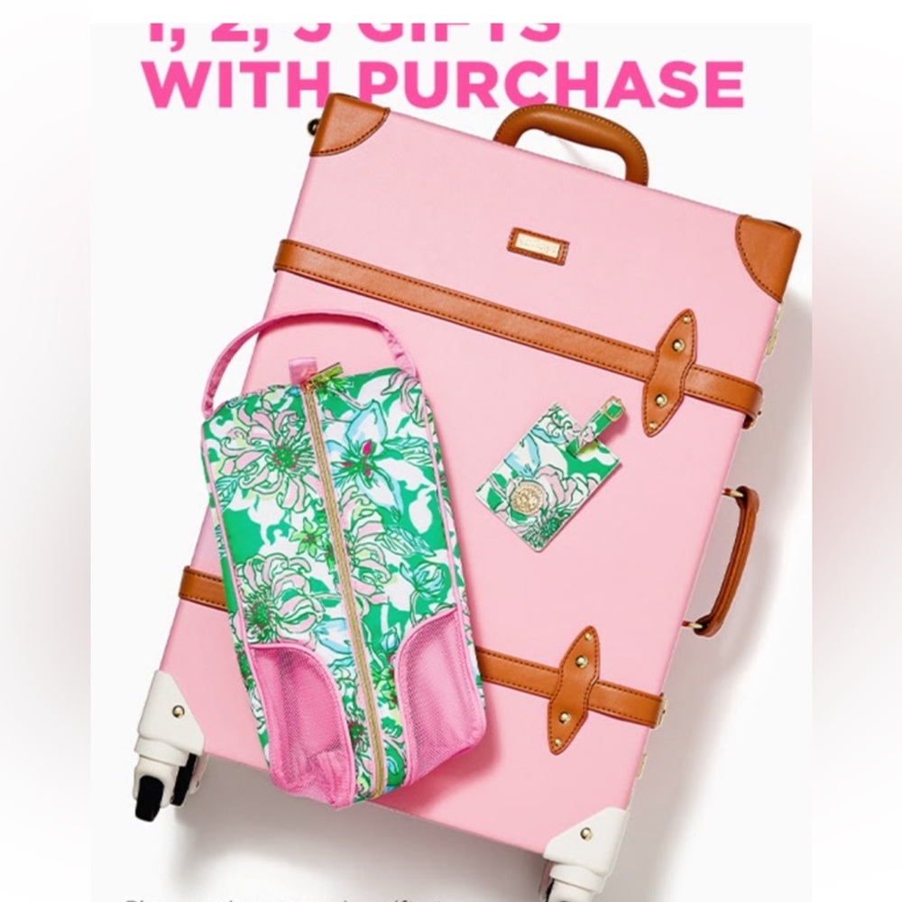 NWT LILLY PULIZER GWP LUGGAGE SHOE BAG LUGGAGE TAG SUITCASE ORIGINAL BOX PINK